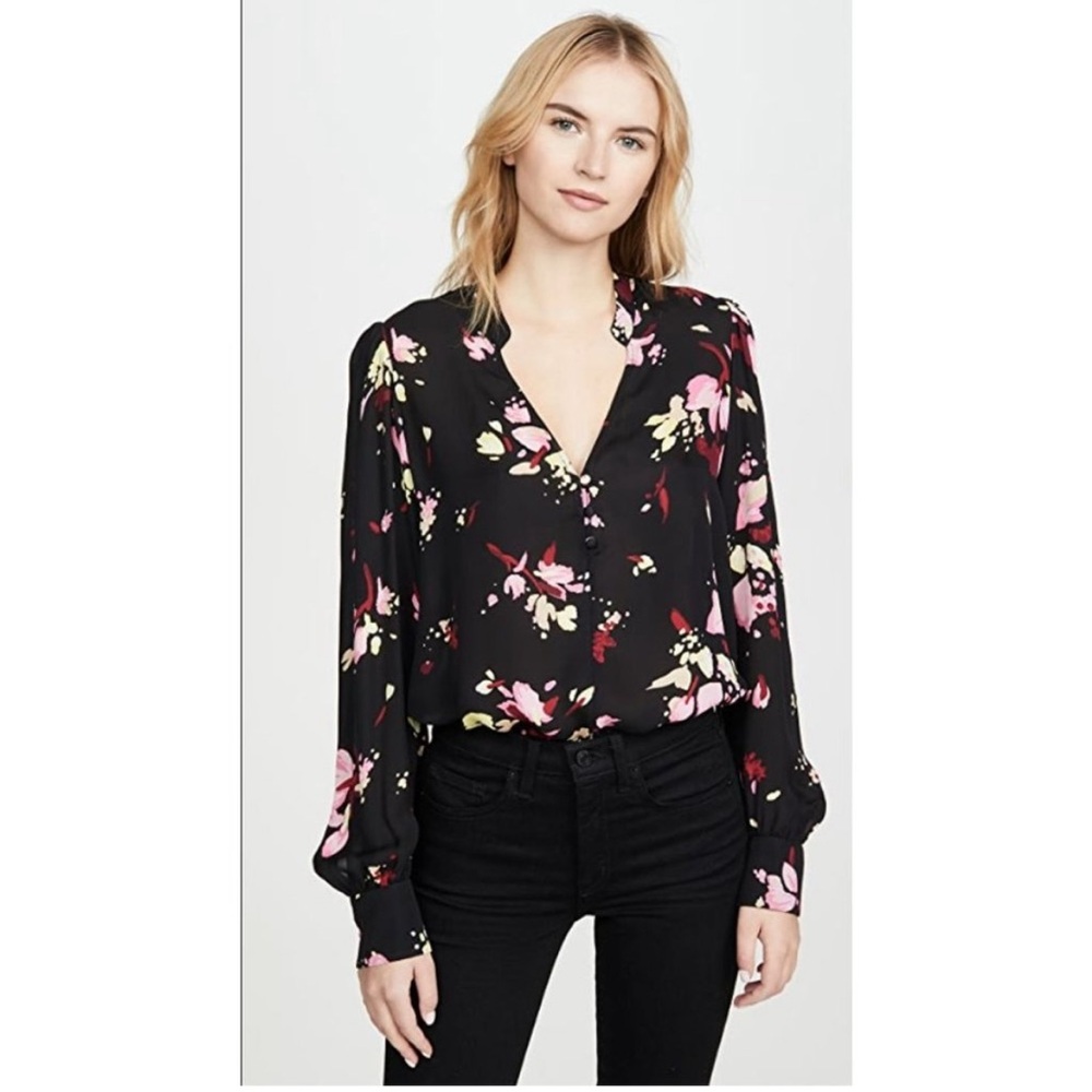 A.L.C. Silk Floral Print Long Sleeve Blouse Black Pink Size 6 Rivera